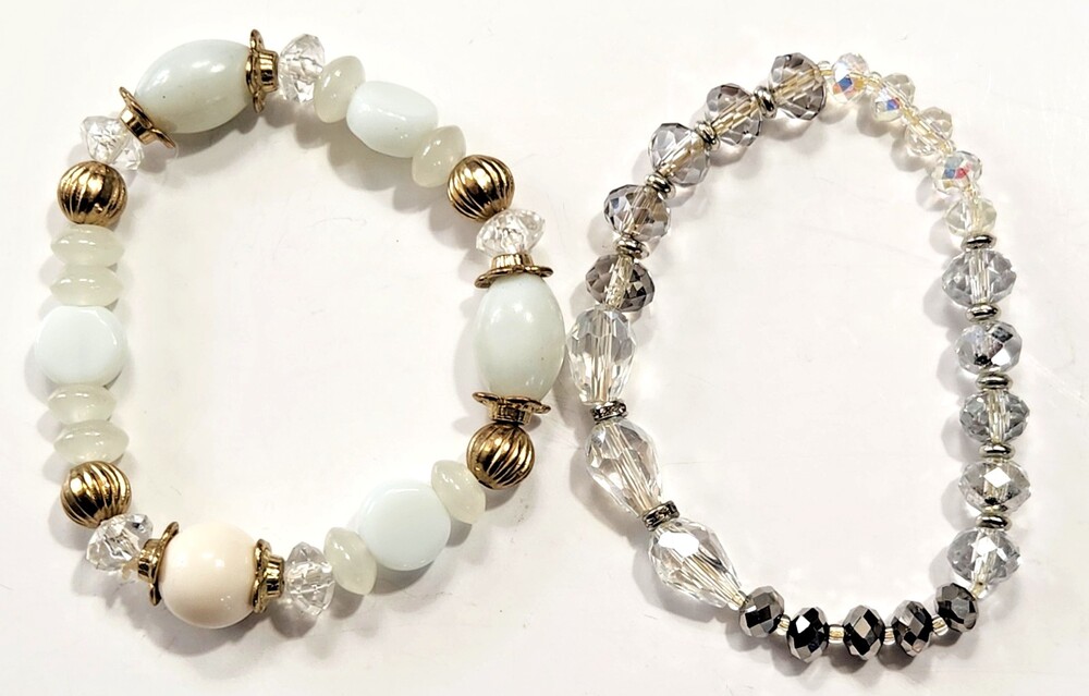 Set of 2 Stretch Bracelets Goldtone White Clear Faceted Beads Art Deco Style